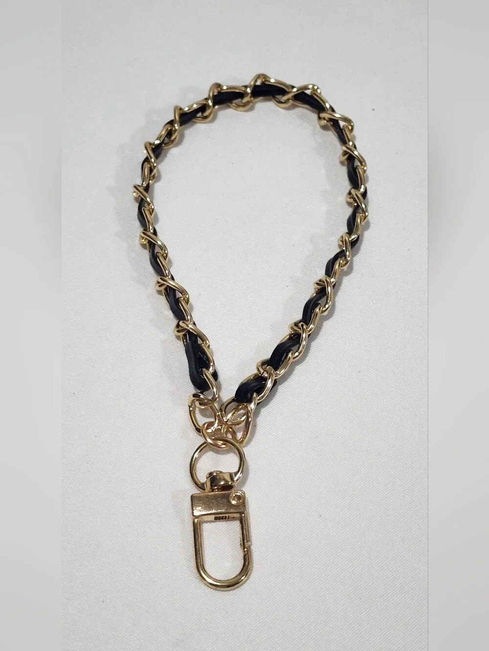 Gold chain Black Leather Phone Lanyard Wristlet Strap with Tether Tab Detachable